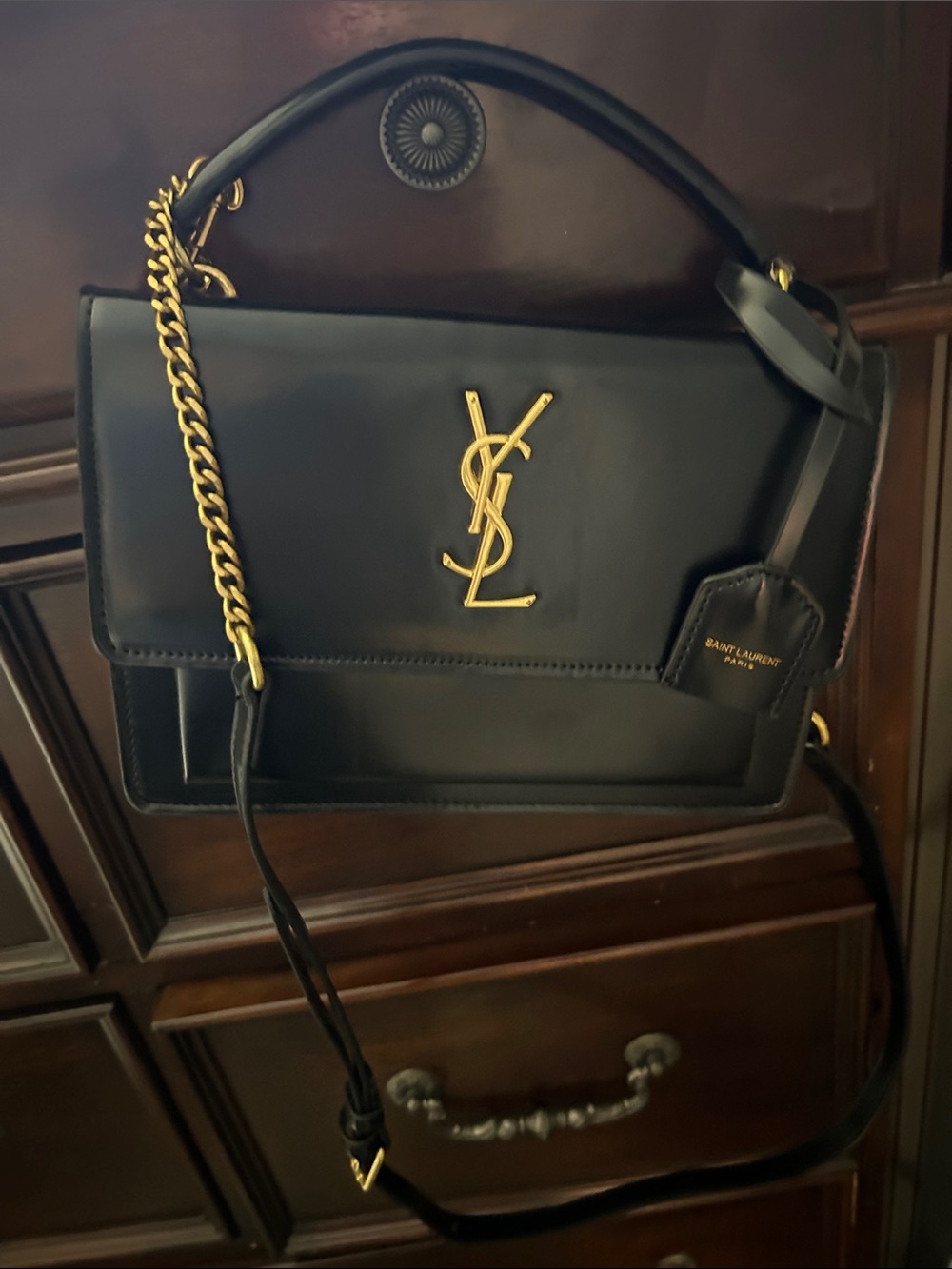 Source Unknown Black Leather Satchel with Gold Hardware